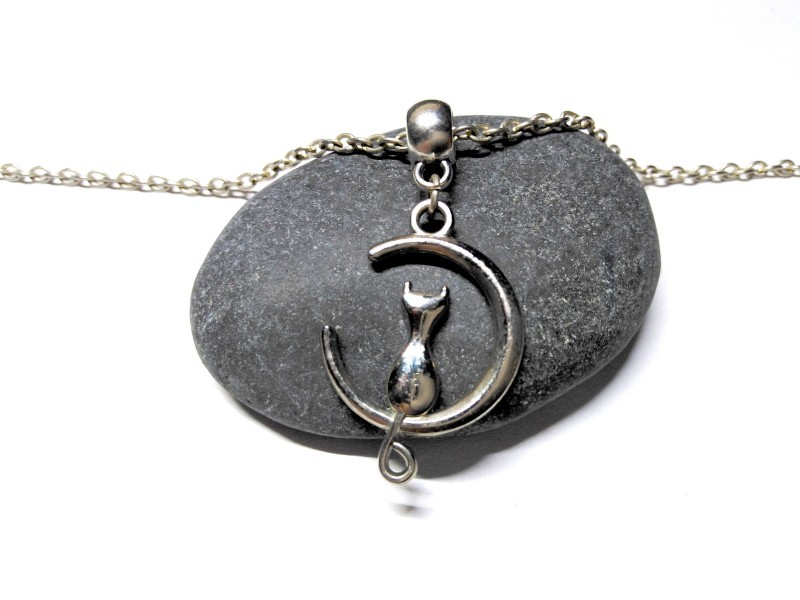Collier + pendentif Chat dans la Lune argent bijou girly wicca sorcière paganisme wiccan bijoux femme ado fille