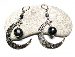 Silver Earrings, Boho Moon & Labradorite, boho chic & lithotherapy jewel natural gemstone wiccan witch jewels magic witchcraft