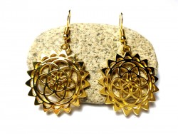 Boucles d'oreilles crochets, pendentifs Graine de vie rayonnante, métal doré, bijou spiritualité
