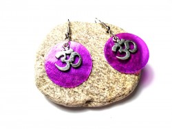 Silver Earrings, Aum purple nacre pendants spirituality jewel meditation buddhism hinduism yoga chakra mantra