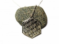 Collier chaîne féminine, pendentif Fleur de vie hexagonale, alliage argenté, bijou géométrie sacrée