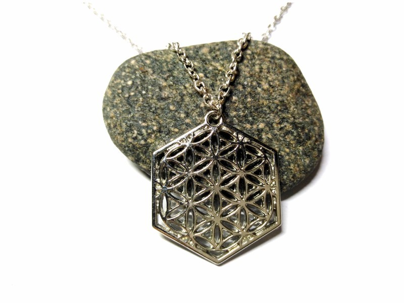 Collier chaîne féminine, pendentif Fleur de vie hexagonale, alliage argenté, bijou géométrie sacrée