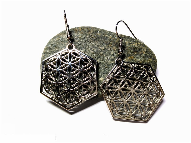 Boucles d'oreilles argentées, pendentifs Fleur de vie hexagonale, bijou géométrie sacrée