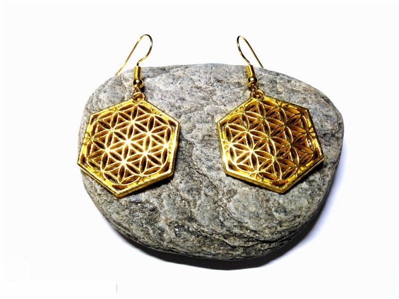 Boucles d'oreilles dorées, pendentifs Fleur de vie hexagonale, bijou géométrie sacrée