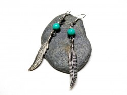 Silver Earrings, Feather & Turquoise Green Howlite, hippie chic jewel natural gemstone yoga meditation