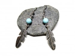 Silver Earrings, Feather & Sky Blue Howlite, hippie chic & lithotherapy jewel gemstone yoga meditation