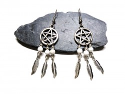 Boucles d'oreilles argent Attrape-rêves pentagramme Howlite, bijou paganisme lithothérapie wicca sorcière wicca hippie