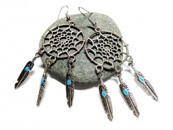 Silver Earrings, Dreamcatcher pendants hippie chic jewel ethnic native american jewelry 70s outfits