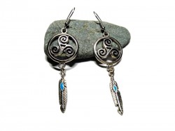 Silver Earrings, Triskelion & Feather pendants Celtic & hippie chic jewel Celts Ireland druid wicca paganism amulet