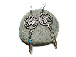 Boucles d'oreilles argent, pendentifs Triskell & Plume bijou celtique & hippie chic spirale paganisme Wicca druide Bretagne