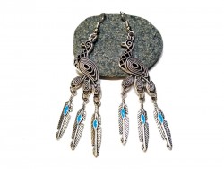 Silver Earrings, Chiseled peacock pendants boho hippie chic jewel vintage bird ethnic feathers