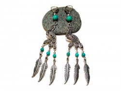 Silver Earrings, Chiseled peacock & turquoise green howlite, hippie chic lithotherapy jewel gemstone bird ethnic boho vintage