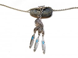 Necklace + pendant, Chiseled peacock silver boho hippie chic jewel vintage bird ethnic feathers