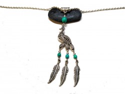 Silver Necklace Chiseled peacock turquoise green howlite hippie chic lithotherapy jewel gemstone bird ethnic boho vintage