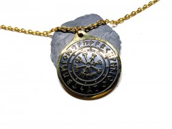 Necklace + pendant, Viking Vegvísir and Futhark black & gold Nordic jewel jewels compass rose runes magic staff pagan norse