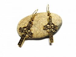 Gold hook Earrings, golden Celtic cross pendant