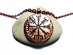 Necklace + pendant, Viking Vegvísir copper Nordic jewel jewels compass rose runes magic staff pagan norse man jewelry