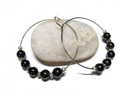 Silver hoop Earrings, Hematite, lithotherapy jewel gemstone yoga meditation