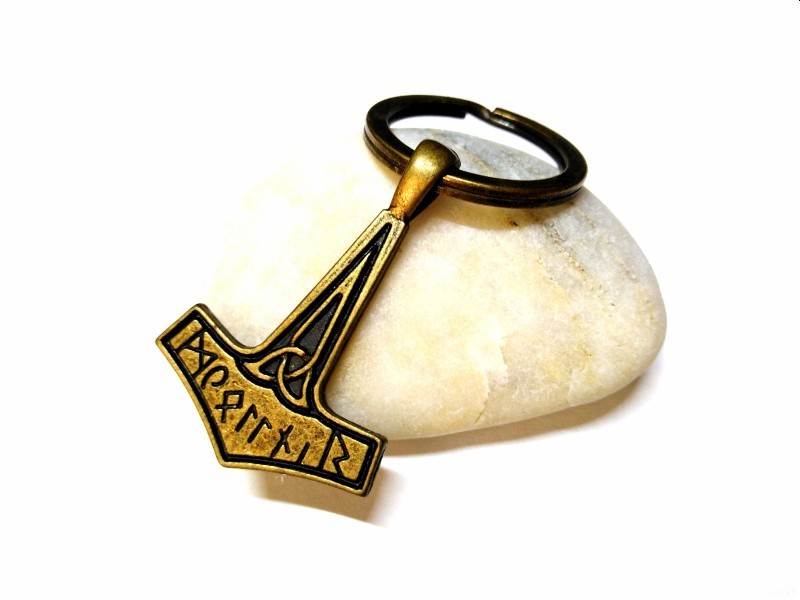 Key ring, Viking Thor's Hammer bronze Nordic jewel accessory norse paganism heathen pagan biker jewelry for men