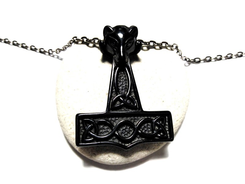 Collier pendentif Viking Mjöllnir Marteau de Thor noir bijou nordique paganisme asatru Mjölnir Fenrir wicca wiccan cosplay