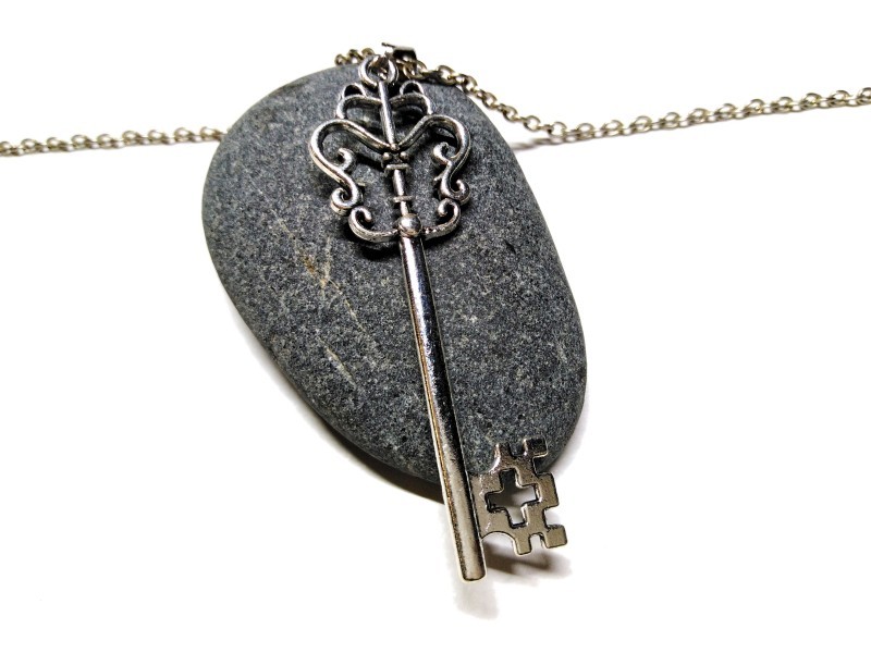 Necklace pendant, Ornamented key silver gothic jewel amulet girly jewels for woman teen girl