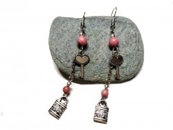 Silver Earrings, Key, padlock & Rhodonite, girly jewel gemstone amulet Gothic woman teen girl