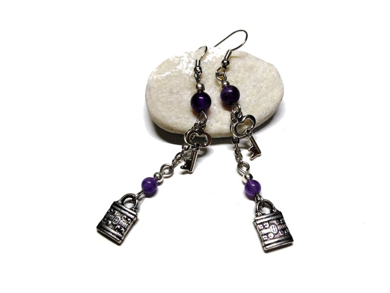 Silver Earrings, Key, padlock & Amethyst, gothic jewel gemstone amulet girly woman teen girl