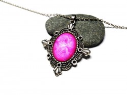 Necklace & Metallic fuchsia Silver pendant, hand-painted jewel gothic victorian fashion goth chic pink violet