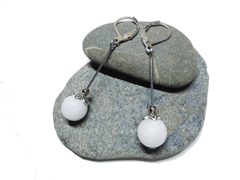 Silver Earrings, White Jade, Gemstone jewel gemstone yoga meditation boho hippie chic