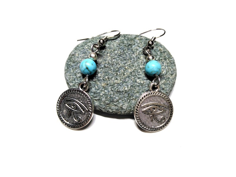 Silver Earrings, Eye of Horus & Turquoise Howlite, Egypt jewel gemstone egyptian jewels mythology jewelry