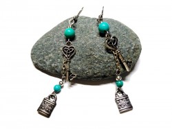 Silver Earrings, Key, padlock & Turquoise Green Howlite, girly jewel gemstone amulet Gothic woman teen girl cosplay magic