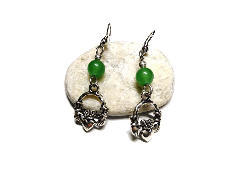 Boucles d'oreilles argent Petit Claddagh & perles d'Aventurine, bijou irlande & lithothérapie, le vert irlandais de la chance