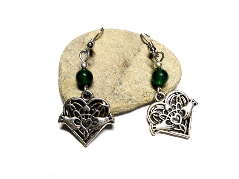 Silver Earrings, Heart Claddagh & Jade, Ireland & lithotherapy jewel gemstone Celtic Irish clover luck