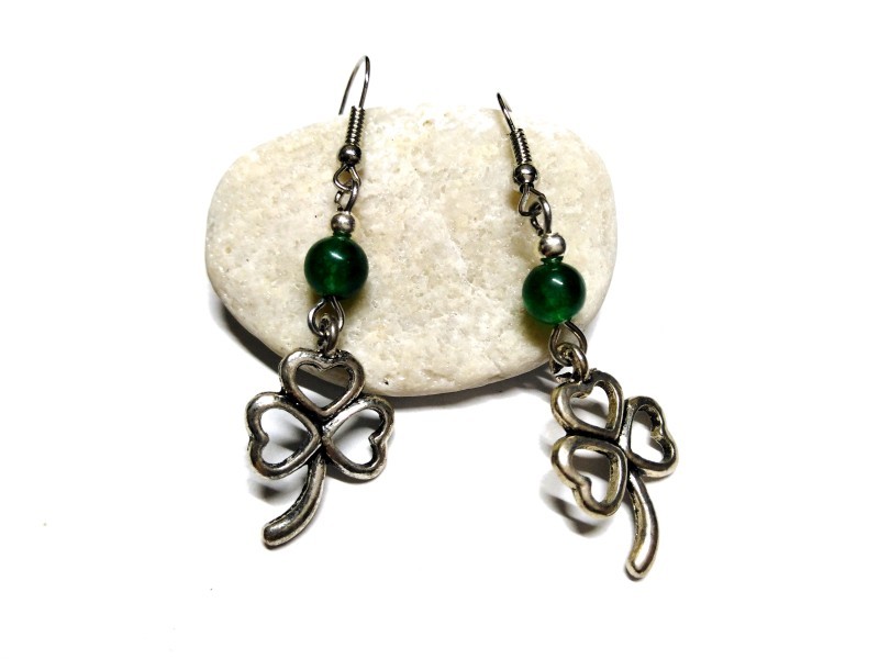 Silver Earrings, Shamrock & Jade, Ireland & lithotherapy jewel gemstone Irish Saint Patrick Celtic clover luck