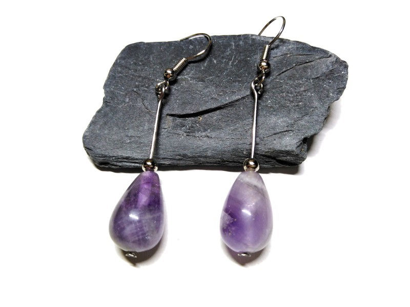 Silver Earrings, Amethyst, lithotherapy jewel gemstone yoga meditation reiki boho hippie chic