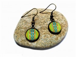 Bronze Earrings, apple green, turquoise & brown Aztec tapestry pattern pendant