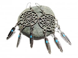 Silver Earrings, Dreamcatcher pendants, hippie chic jewel, ethnic native american jewelry 70s outfits