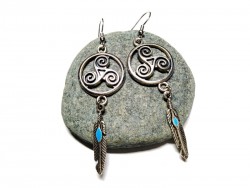 Silver Necklace, Triskelion & Feather pendants, Celtic & hippie chic jewel, Celts Ireland druid wicca paganism amulet