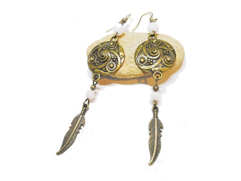 Bronze Earrings, Spiral, feather & White Jade, Celtic & Lithotherapy jewel gemstone hippie chic amulet ethnic cosplay