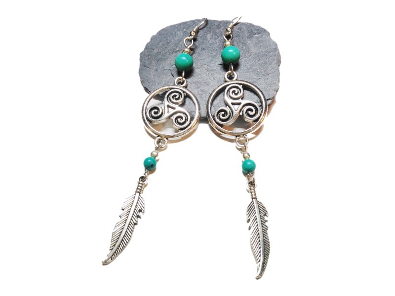 Silver Earrings, Triskelion, feather & Turquoise & howlite, Celtic & Lithotherapy jewel gemstone hippie chic ethnic cosplay