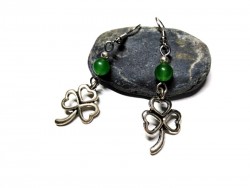 Silver Earrings, Shamrock & Jade, Ireland & lithotherapy jewel gemstone Irish Saint Patrick Celtic clover luck