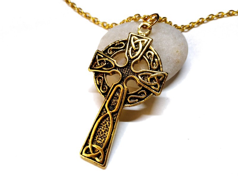 Necklace pendant, Celtic cross golden Celtic cross jewel ancient Ireland jewelry triquetra Irish knotworks christian god