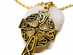 Necklace pendant, Celtic cross golden Celtic cross jewel ancient Ireland jewelry triquetra Irish knotworks christian god