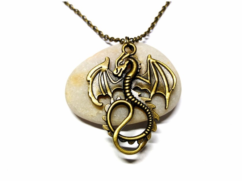 Necklace + pendant, bronze Dragon fantasy jewel for kid teen man woman rpg gamer magic Skyrim dragonborn dovahkin Alduin