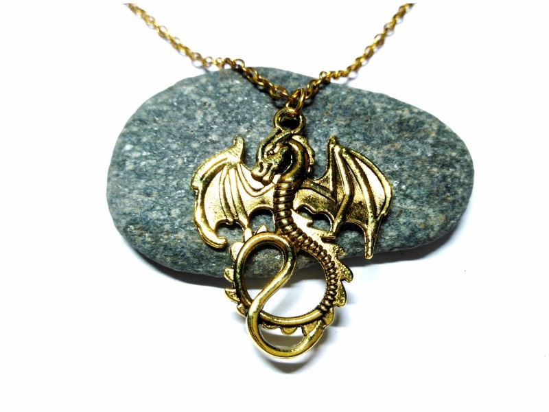 Necklace + pendant, golden Dragon fantasy jewel for kid teen man woman rpg gamer magic Skyrim dragonborn dovahkin Alduin