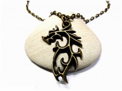 Dragon tribal, bijou fantasy idée cadeau pour homme, enfant, adolescent et adulte, collier & pendentif bronze, grosse chaîne