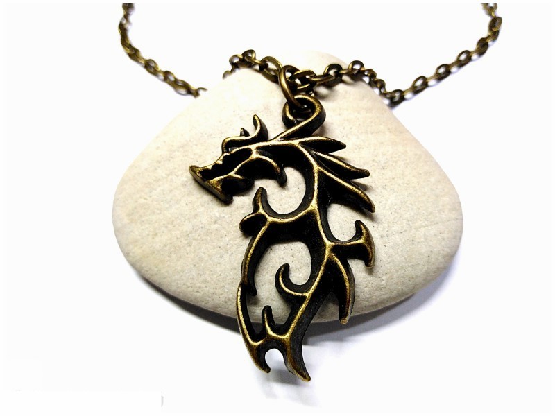 Collier & pendentif bronze Dragon tribal, bijou fantasy à Quimperlé, pour homme et ado geek jdr magie Skyrim dragonborn