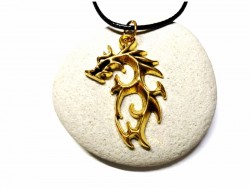 Dragon tribal, bijou fantasy idée cadeau pour homme, enfant, adolescent et adulte, collier & pendentif doré, cordon noir