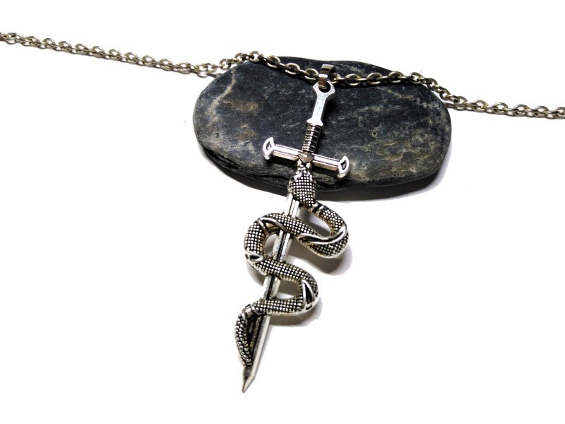 Necklace + pendant, silver Snake & Sword fantasy jewel for geek kid teen man woman rpg gamer magic