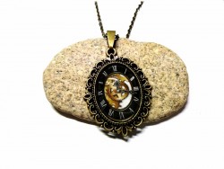 Collier & pendentif bronze Steampunk horloge & engrenages noir & or, bijou cosplay victorien bijoux fantasy